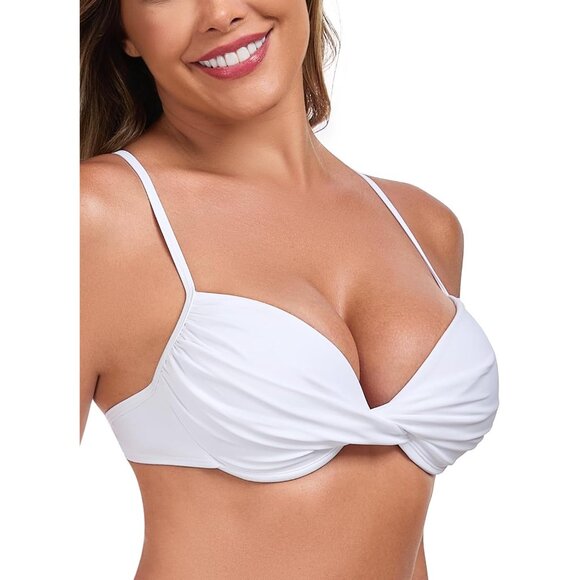 Women's White Push Up Bikini Tops Ruched Twist Front Underwear Top Swimsuit - Picture 2 of 8